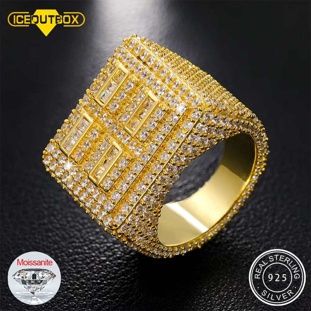VVS D Moissanite Diamond 925 Sterling Silver Plating Ring Micro Pave Moissanite Stones Customized Men Hip Hop Iced Out Rings
