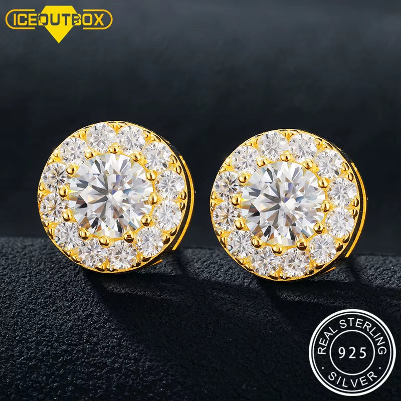 925 Sterling Silver Real Moissanite Stone round Stud  Men Fashion Jewelry 2021 Pass Diamond Test ICEOUTBOX