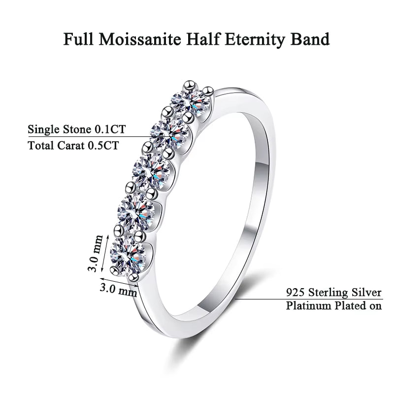 100% Moissanite Wedding Band Sterling Silver Wedding Rings VVS1 Diamond Half Eternity Stackable Ring for Women 0.5CT 0.7CT 1CT
