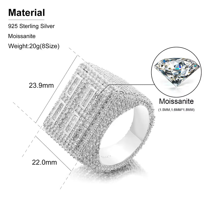 VVS D Moissanite Diamond 925 Sterling Silver Plating Ring Micro Pave Moissanite Stones Customized Men Hip Hop Iced Out Rings