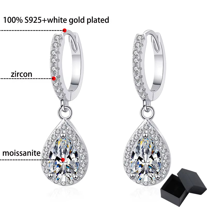 Smyoue White Gold 1Ct Pear Cut Moissanite Drop Earring for Women Sparkling Diamond Luxury Quality Jewelry S925 Sterling Silver