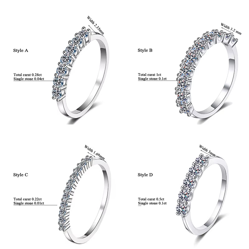 100% Moissanite Wedding Band Sterling Silver Wedding Rings VVS1 Diamond Half Eternity Stackable Ring for Women 0.5CT 0.7CT 1CT