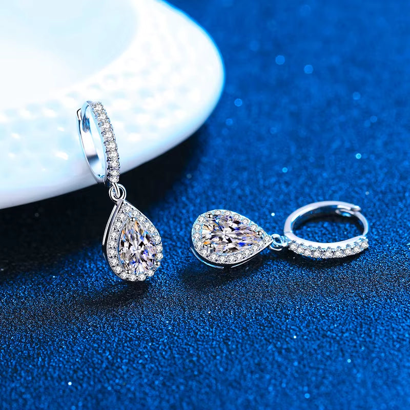 2Ct Fancy Cut Moissanite Hoop Earrings for Women VVS1 Pear Diamond Halo Drop Earrings Sterling Silver Bridal Wedding Jewelry