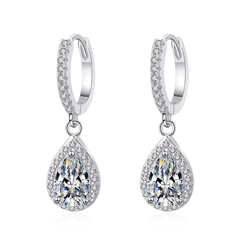 2Ct Fancy Cut Moissanite Hoop Earrings for Women VVS1 Pear Diamond Halo Drop Earrings Sterling Silver Bridal Wedding Jewelry