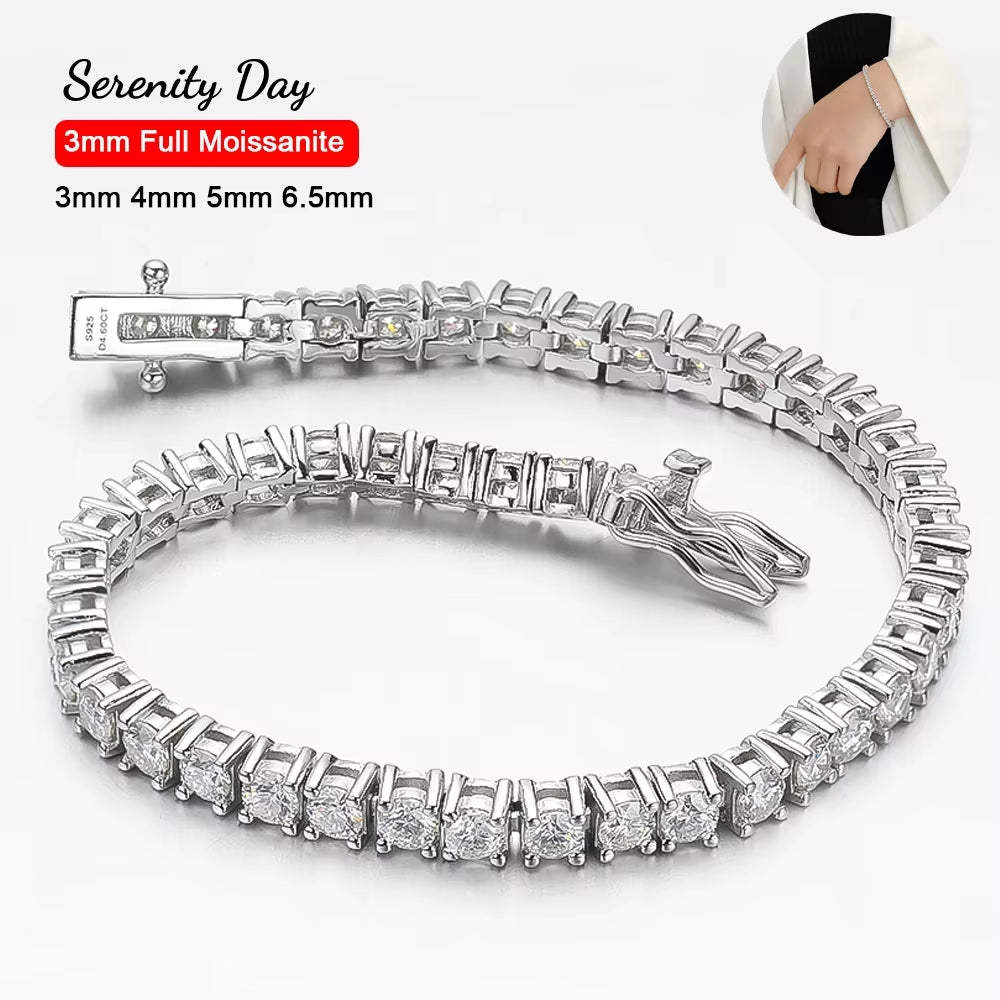 Serenity 3Mm 4Mm 5Mm Moissanite Tennis Bracelet for Women Man Gift S925 Sterling Silver Plated 18K Moissanite Hand Chain Jewelry